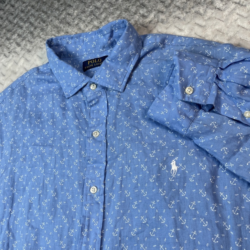 Polo Ralph Lauren Anchors Away Shirt Mens 2XL Blue 100% Linen Button Down Beach